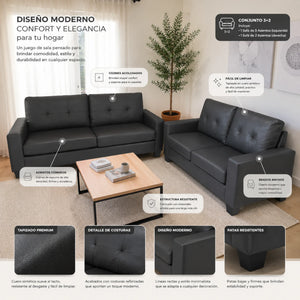 Infografía del juego de sofá 3+2 SF-711-GREY color gris oscuro, con características de cojines acolchados, asientos cómodos, brazos anchos, tapizado premium y patas resistentes.