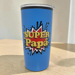 Vaso térmico azul de 16 oz para Día del Padre con diseño “Super Papá” estilo cómic.