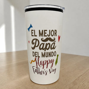 Vaso térmico blanco de 16 oz para Día del Padre con diseño “El Mejor Papá del Mundo” y detalles decorativos.