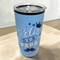 Vaso térmico celeste de 16 oz para Día del Padre con diseño Feliz Día Papá, tapa transparente, corona decorativa y bigote azul.