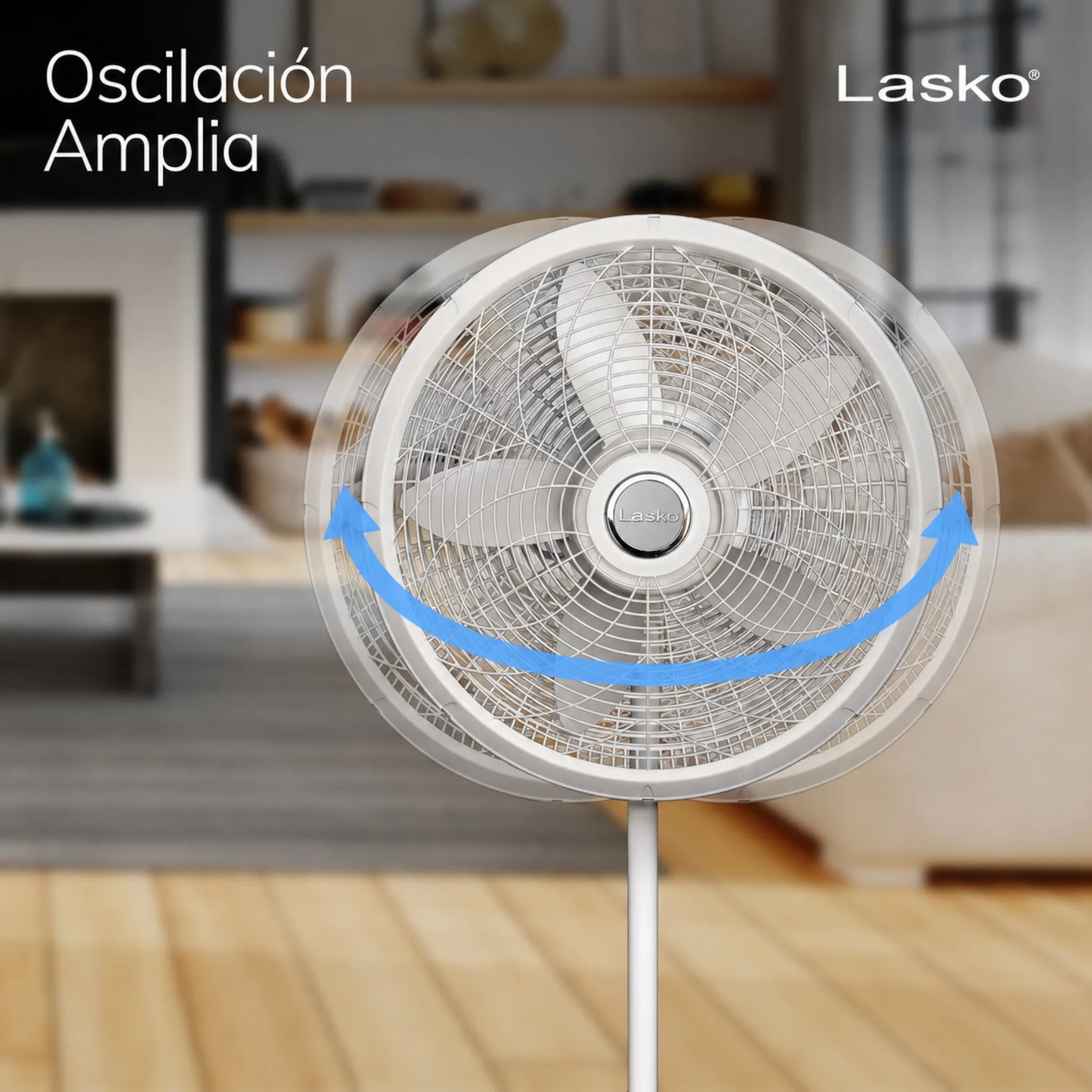 Ventilador Lasko 1820 blanco de 18 pulgadas con oscilación amplia, rejilla frontal circular y aspas grandes.