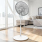 Vista posterior del ventilador Lasko 1820 blanco con pedestal ajustable, base redonda, cable eléctrico y controles manuales traseros.