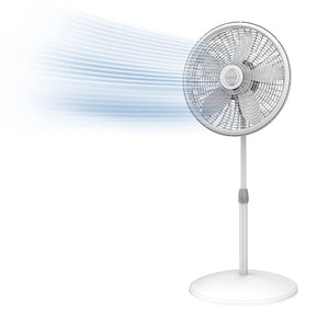 Ventilador pedestal Lasko 1820 blanco de 18 pulgadas mostrando flujo de aire potente hacia el frente.