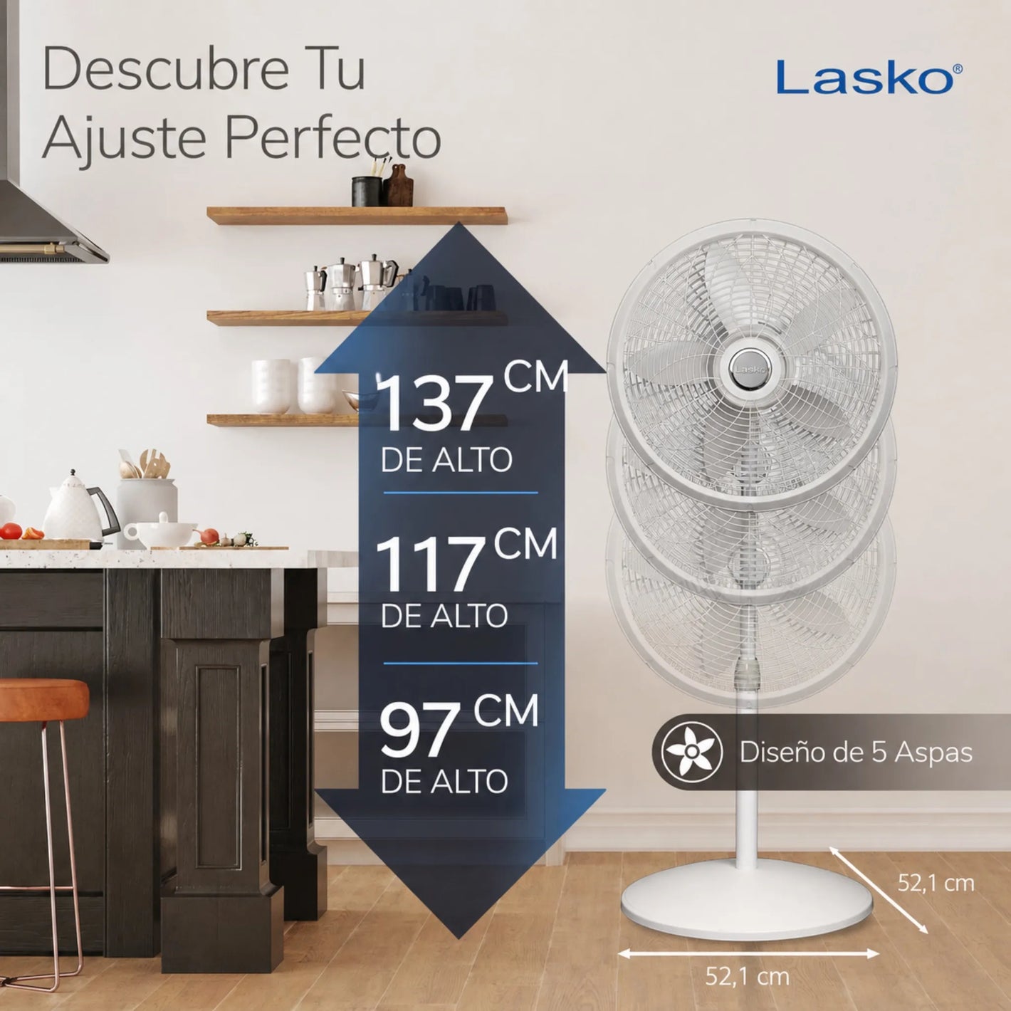 Ventilador pedestal Lasko 1820 blanco de 18 pulgadas con altura ajustable de 97, 117 y 137 cm, base redonda de 52.1 cm y diseño de 5 aspas.