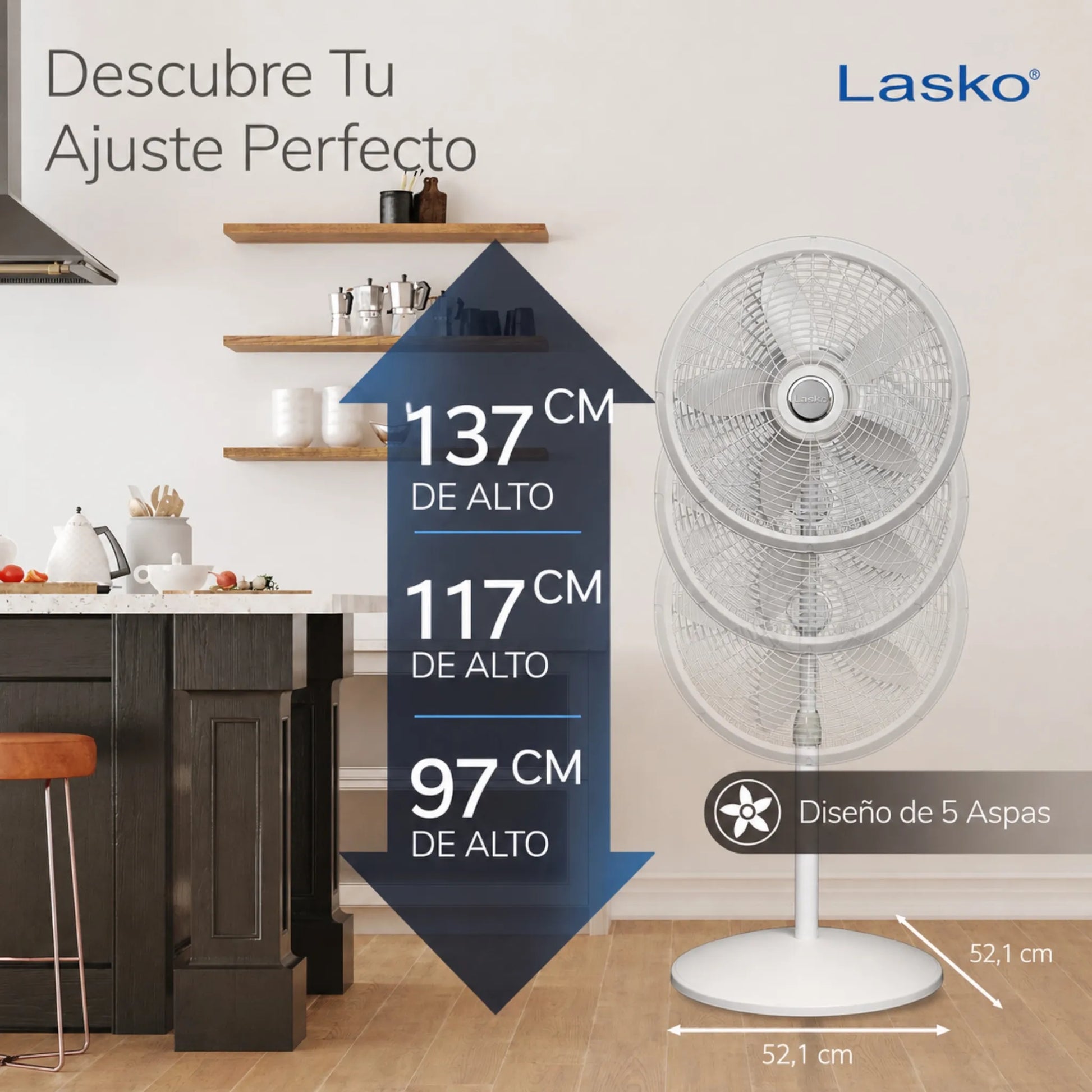 Ventilador pedestal Lasko 1820 blanco de 18 pulgadas con altura ajustable de 97, 117 y 137 cm, base redonda de 52.1 cm y diseño de 5 aspas.