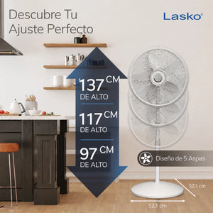 Ventilador pedestal Lasko 1820 blanco de 18 pulgadas con altura ajustable de 97, 117 y 137 cm, base redonda de 52.1 cm y diseño de 5 aspas.