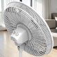 Vista trasera del ventilador pedestal Lasko 1820 blanco con controles manuales, rejilla protectora e inclinación ajustable.